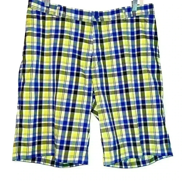 Slazenger Men's Size 38 Flat Front‎ Lime Green Blue Plaid Golf Shorts - Picture 1 of 12